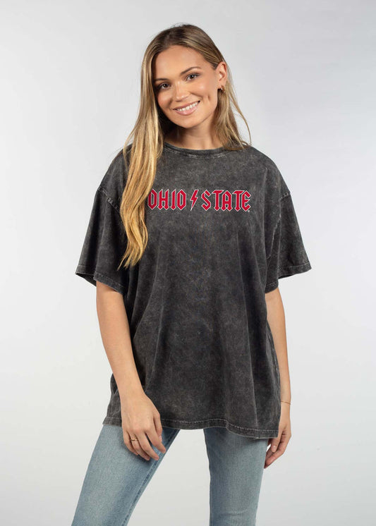Ohio State Buckeyes Unisex Graphite Oversized Mineral wash T-Shirt with Lived-in feel and look, short sleeve, crew neck and drop shoulders
