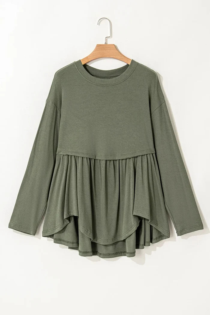 Trendsi casual plus size long sleeve blouse in olive green with layered flowy hem