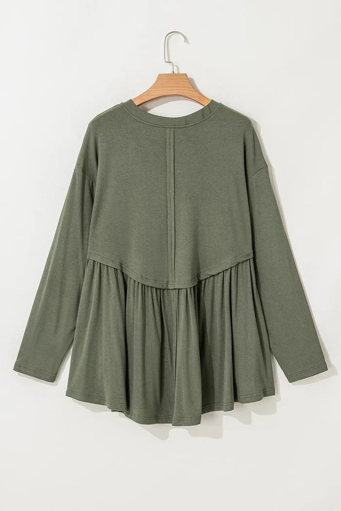 Trendsi casual plus size long sleeve blouse in olive green with gathered waist detail