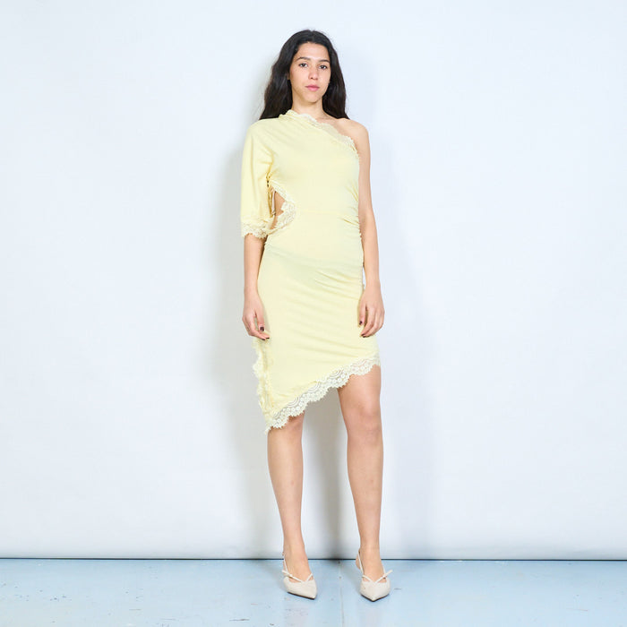 One shoulder lace trim asymmetric ruched midi dress wholesale