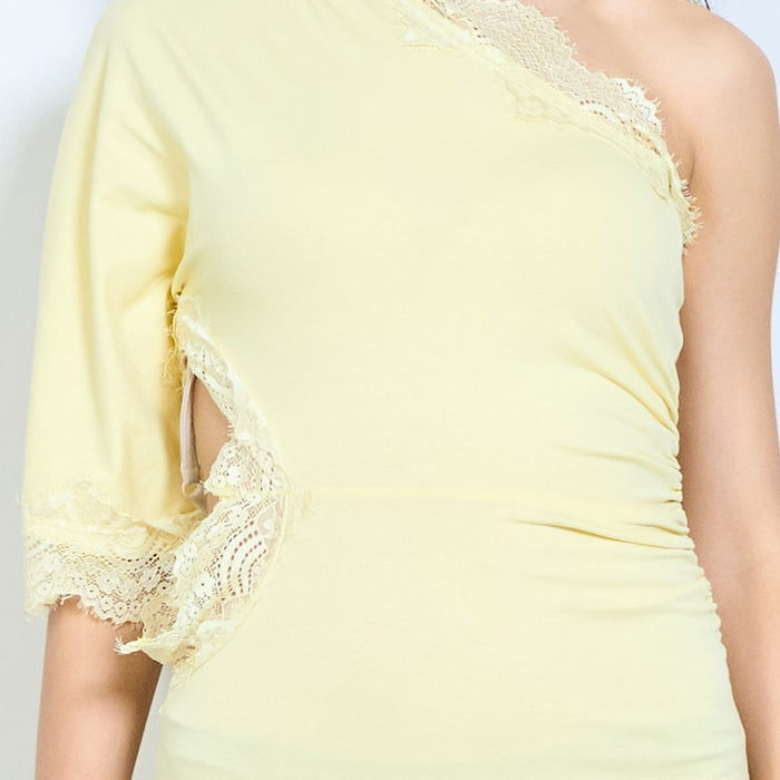 One shoulder lace trim asymmetric ruched midi dress wholesale