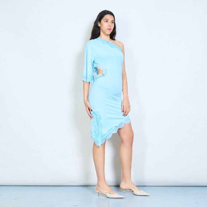 One shoulder lace trim asymmetric ruched midi dress wholesale