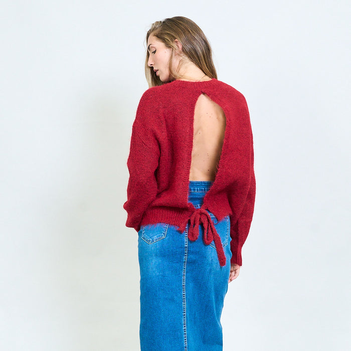 Open-back fuzzy knit sweater with tie detail and ribbed crew neck wholesale