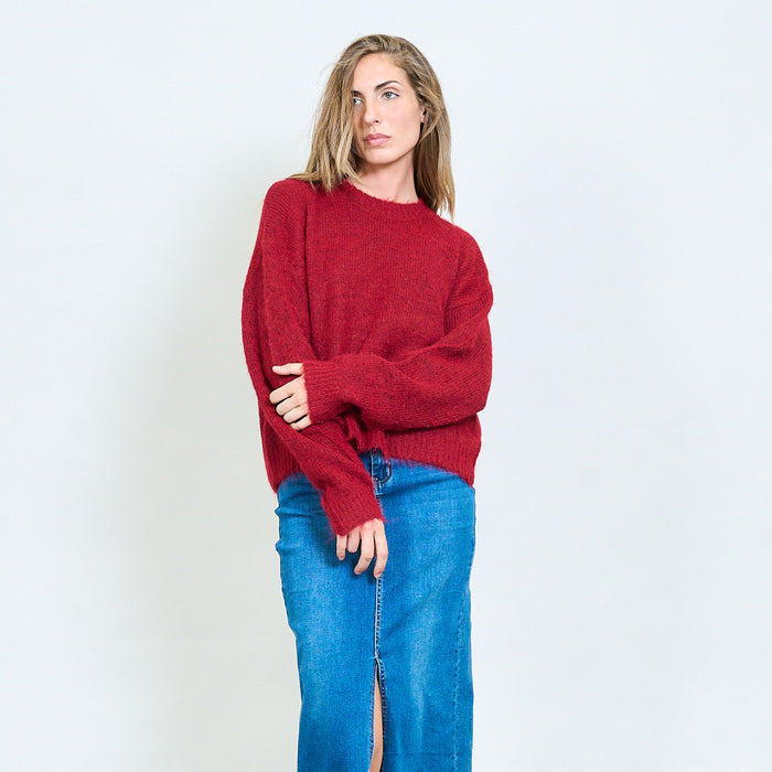 Open-back fuzzy knit sweater with tie detail and ribbed crew neck wholesale