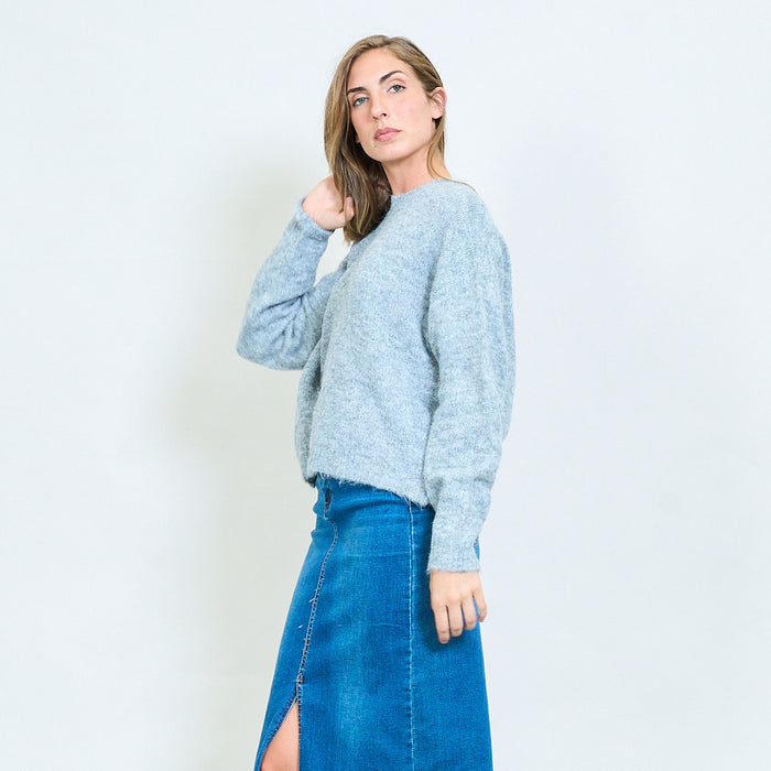 Open-back fuzzy knit sweater with tie detail and ribbed crew neck wholesale