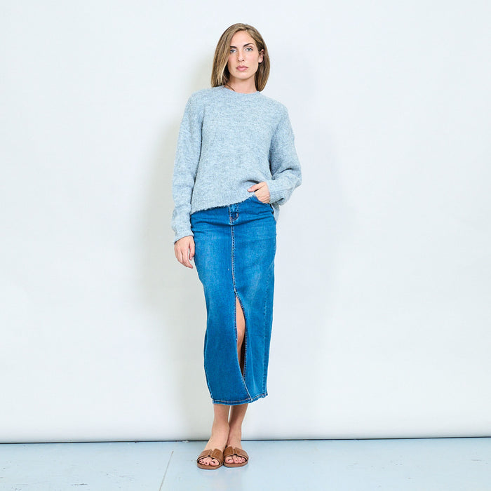 Open-back fuzzy knit sweater with tie detail and ribbed crew neck wholesale