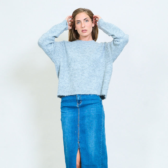 Open-back fuzzy knit sweater with tie detail and ribbed crew neck wholesale