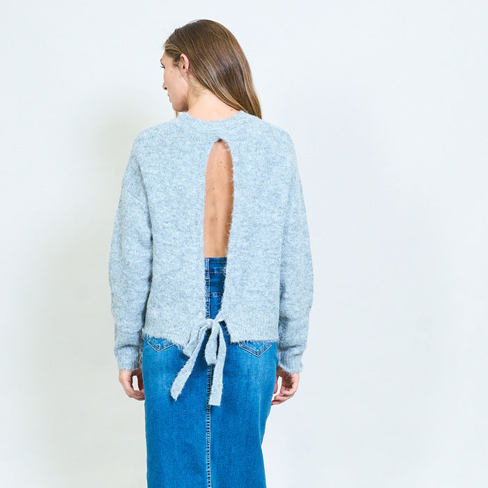 Open-back fuzzy knit sweater with tie detail and ribbed crew neck wholesale