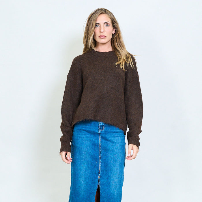 Open-back fuzzy knit sweater with tie detail and ribbed crew neck wholesale