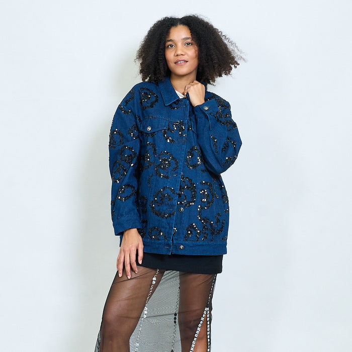 Oversized denim jacket with sequin embellishments wholesale