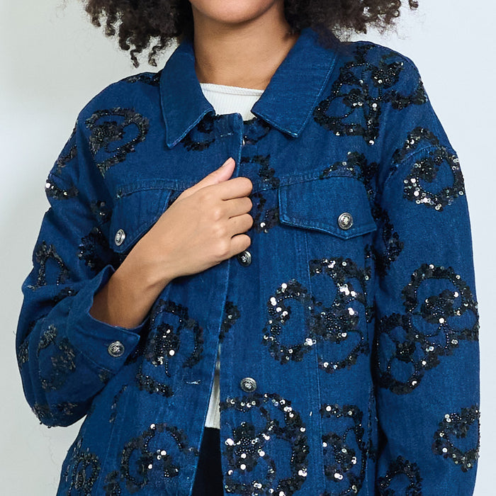 Oversized denim jacket with sequin embellishments wholesale