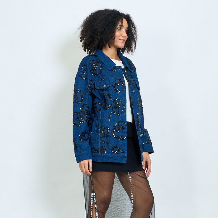 Oversized denim jacket with sequin embellishments wholesale