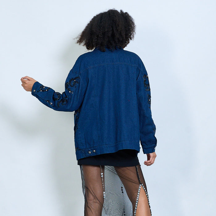 Oversized denim jacket with sequin embellishments wholesale