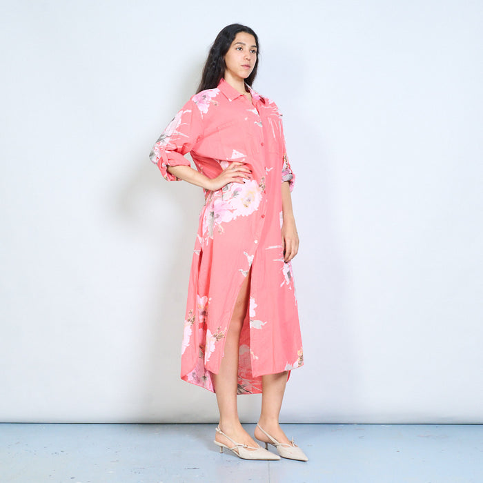 Oversized floral print button down shirt maxi dress wholesale