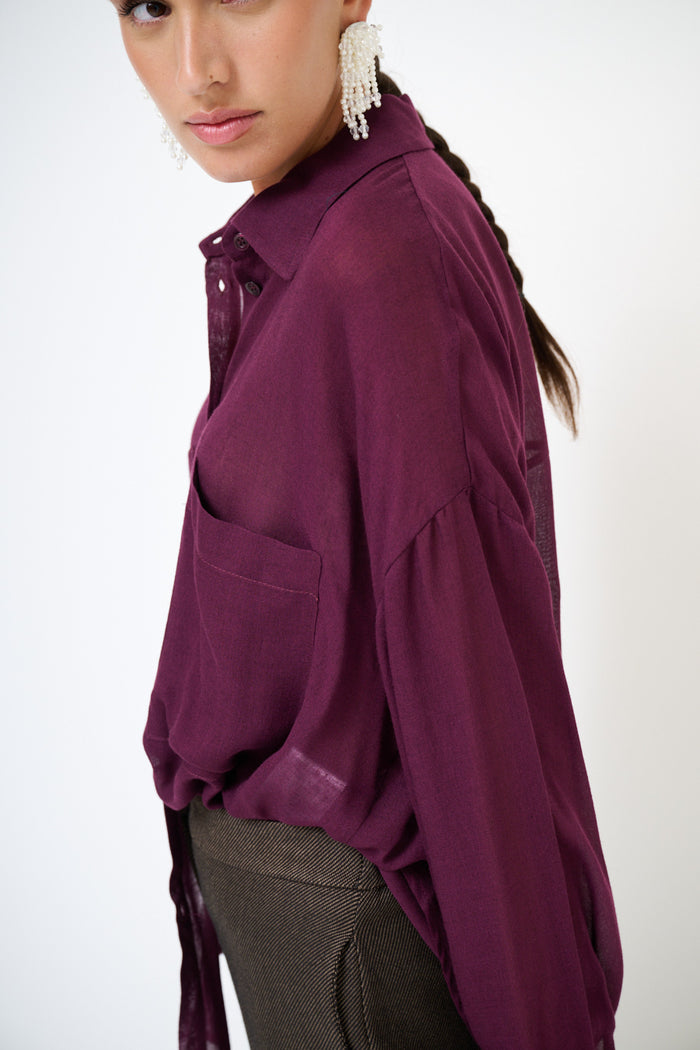 Oversized sheer button-down blouse with front pockets wholesale