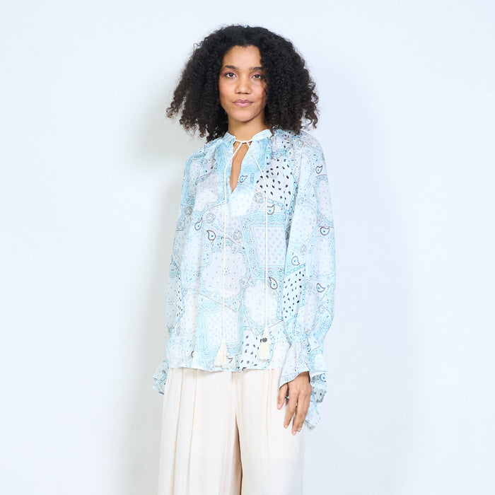 Paisley bandana graphic tassel tie neck long sleeve blouse wholesale