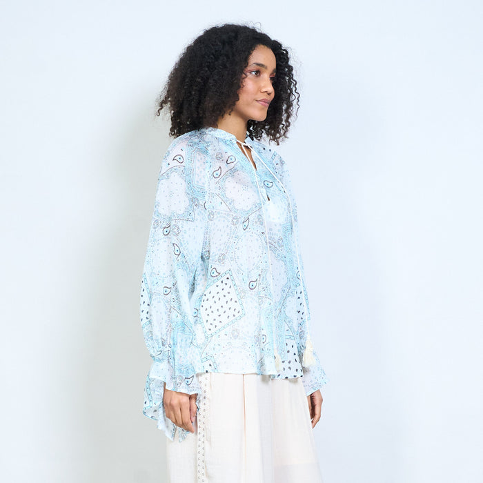 Paisley bandana graphic tassel tie neck long sleeve blouse wholesale