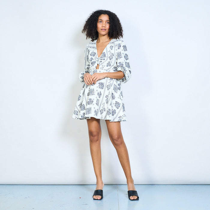 Paisley floral graphic tie waist long sleeve dress wholesale