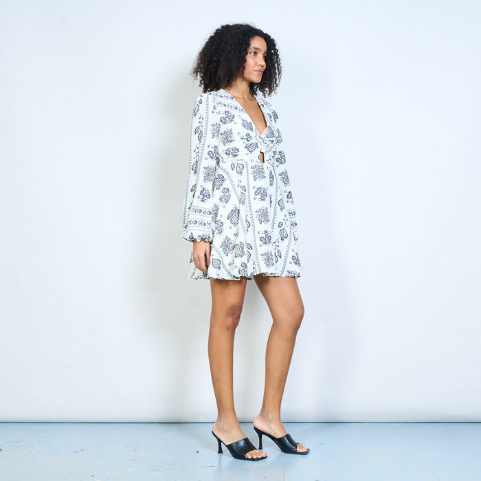 Paisley floral graphic tie waist long sleeve dress wholesale