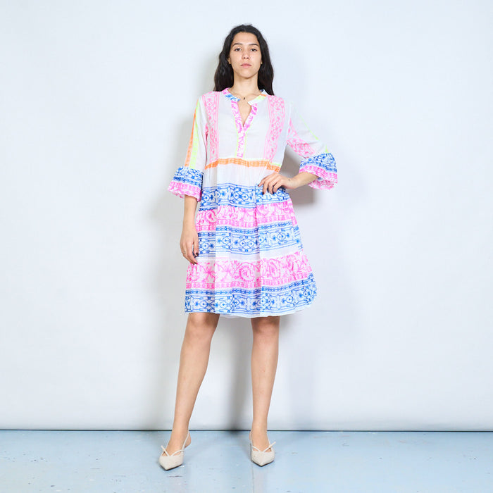 Paisley floral stripe print v-neck tiered midi dress wholesale