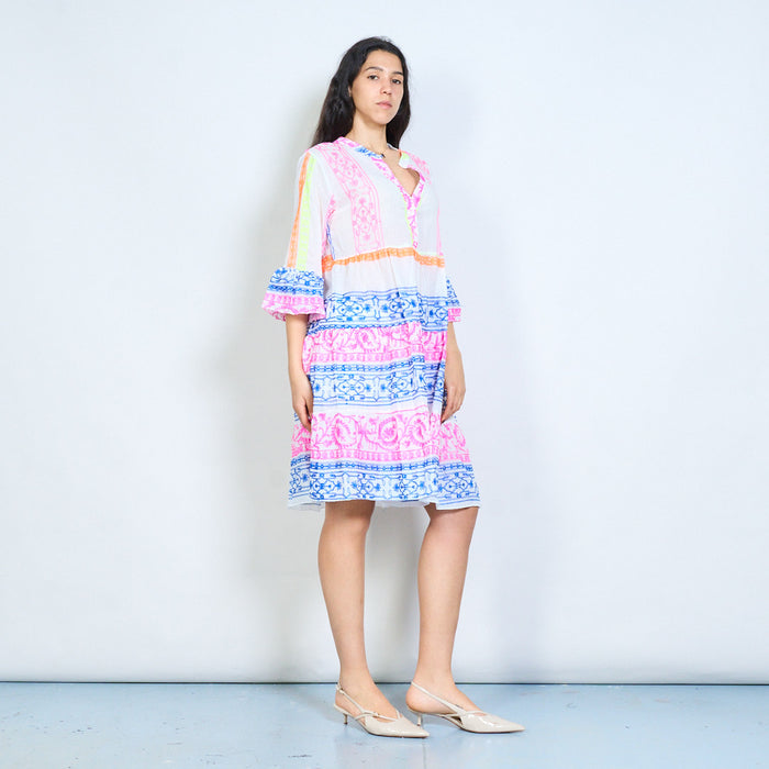 Paisley floral stripe print v-neck tiered midi dress wholesale