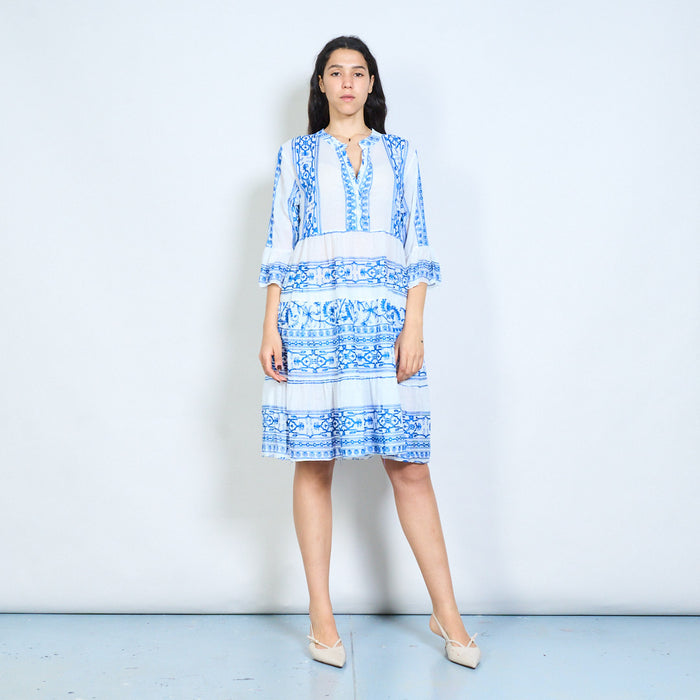 Paisley floral stripe print v-neck tiered midi dress wholesale