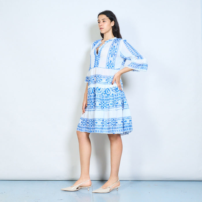Paisley floral stripe print v-neck tiered midi dress wholesale