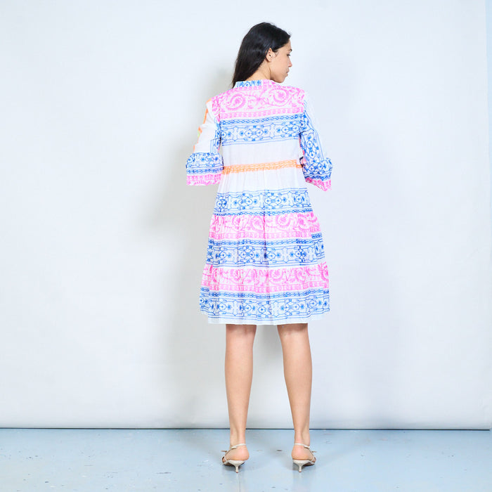 Paisley floral stripe print v-neck tiered midi dress wholesale