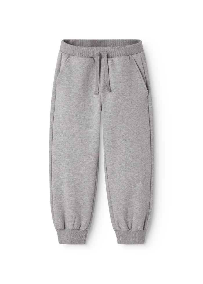 Gray joggers with drawstring waist and elastic at the ankles.