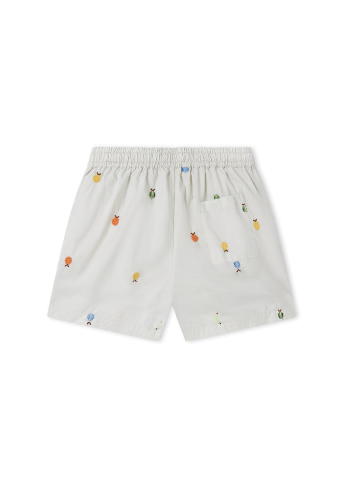 Lys children's shorts with embroidered fruits and elastic waist.