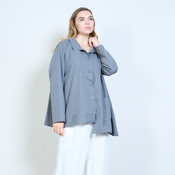 Pinstripe button front oversized longline blouse wholesale