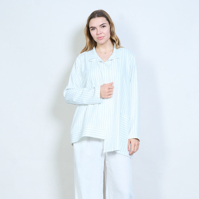 Pinstripe button front oversized longline blouse wholesale