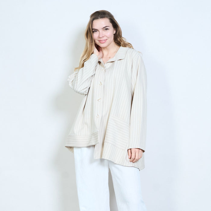 Pinstripe button front oversized longline blouse wholesale