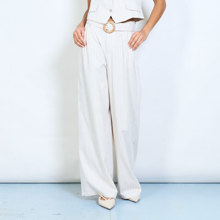 Pinstripe high waist wide leg trousers with belt detail wholesale