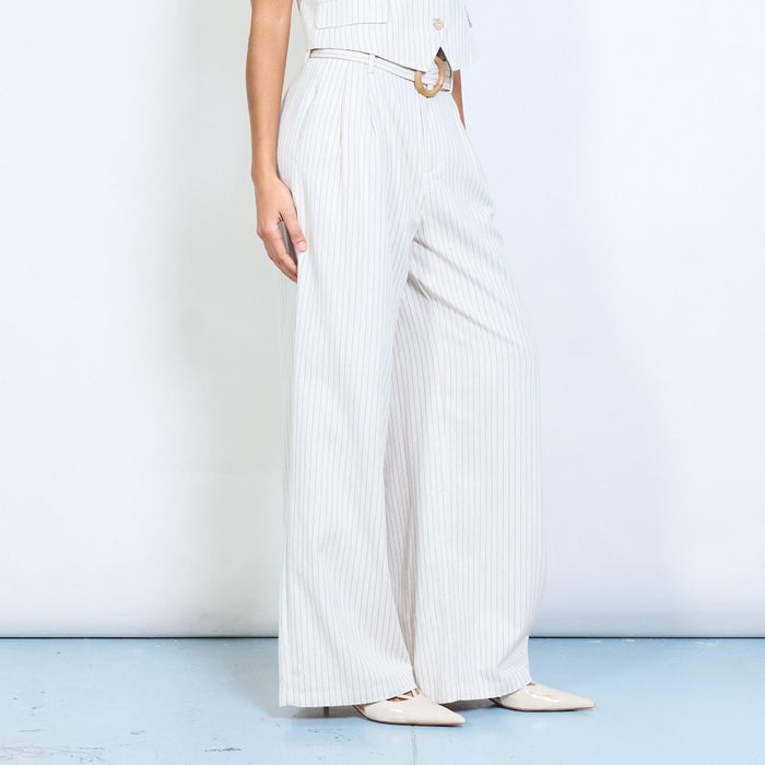 Pinstripe high waist wide leg trousers with belt detail wholesale