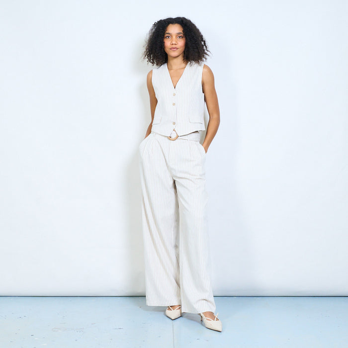 Pinstripe high waist wide leg trousers with belt detail wholesale