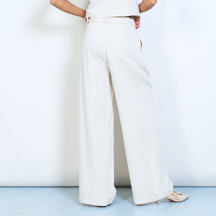 Pinstripe high waist wide leg trousers with belt detail wholesale
