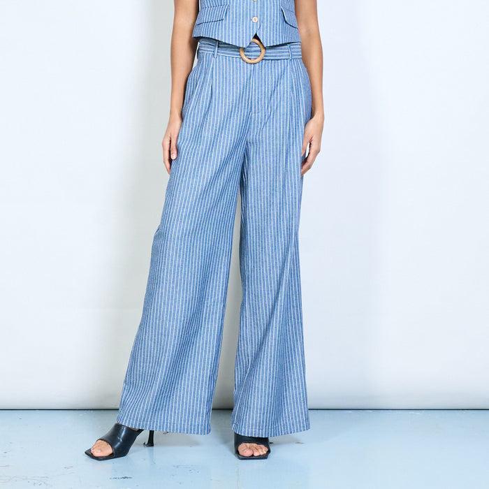 Pinstripe high waist wide leg trousers with belt detail wholesale