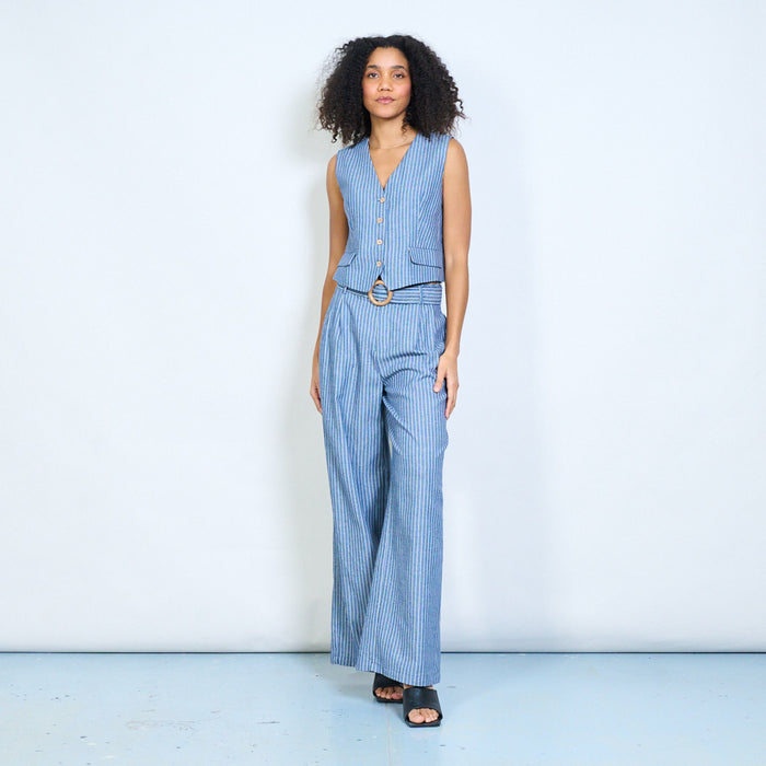 Pinstripe high waist wide leg trousers with belt detail wholesale