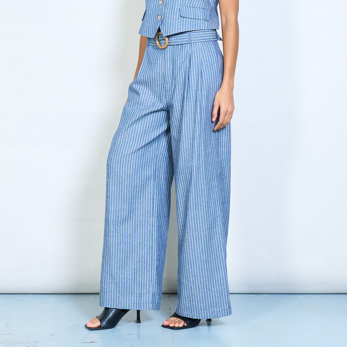 Pinstripe high waist wide leg trousers with belt detail wholesale
