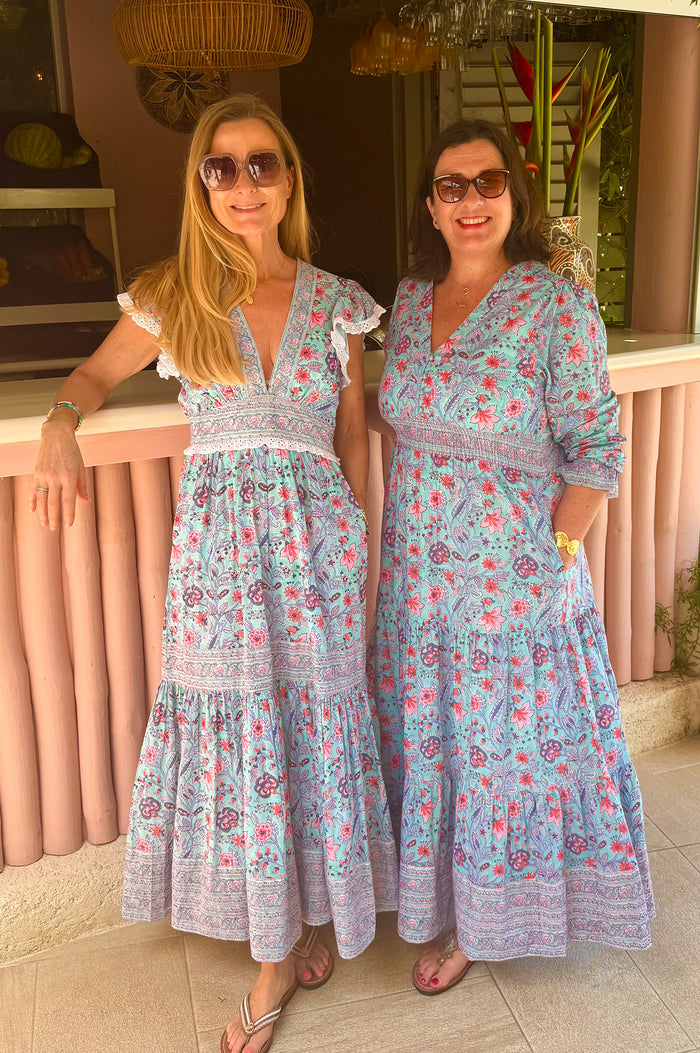 Pippa Block Print Dress | Gardenia Blue/Red - Aspiga