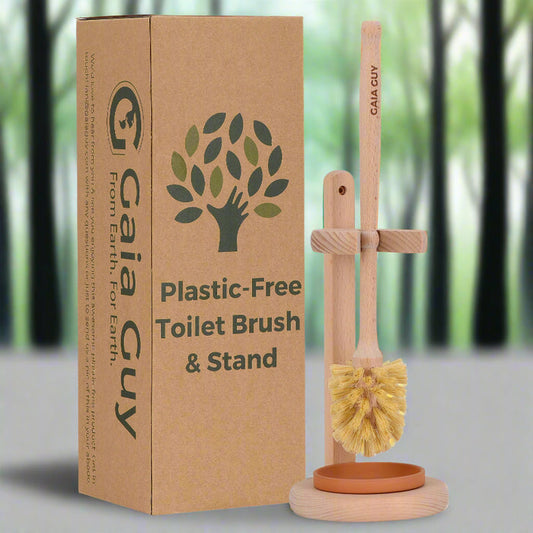 Gaia Guy Beech Wood Toilet Brush with Stand & Ceramic Drip Tray - Gaia Guy