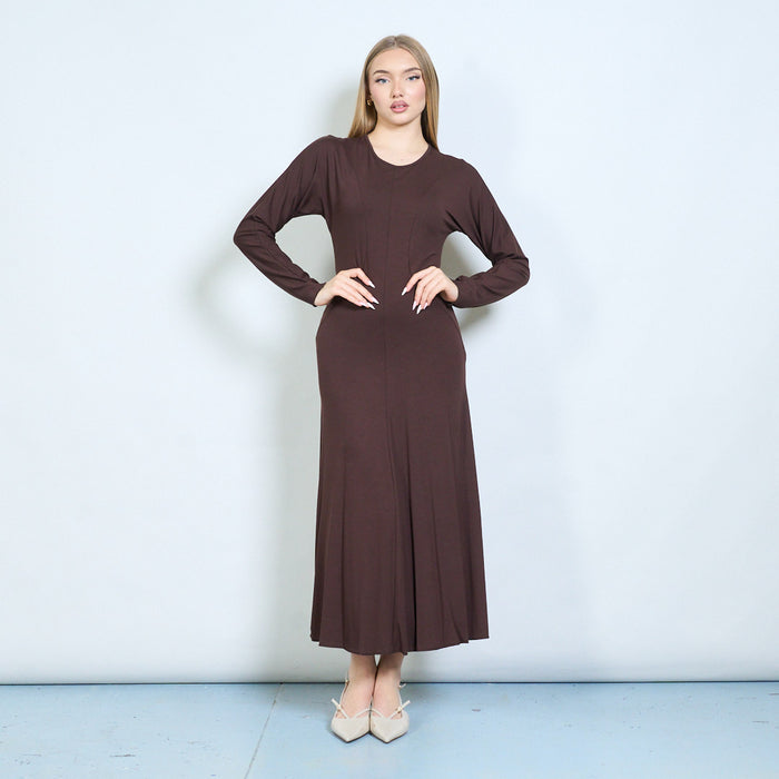 Pleated contour-seam fitted long dress wholesale
