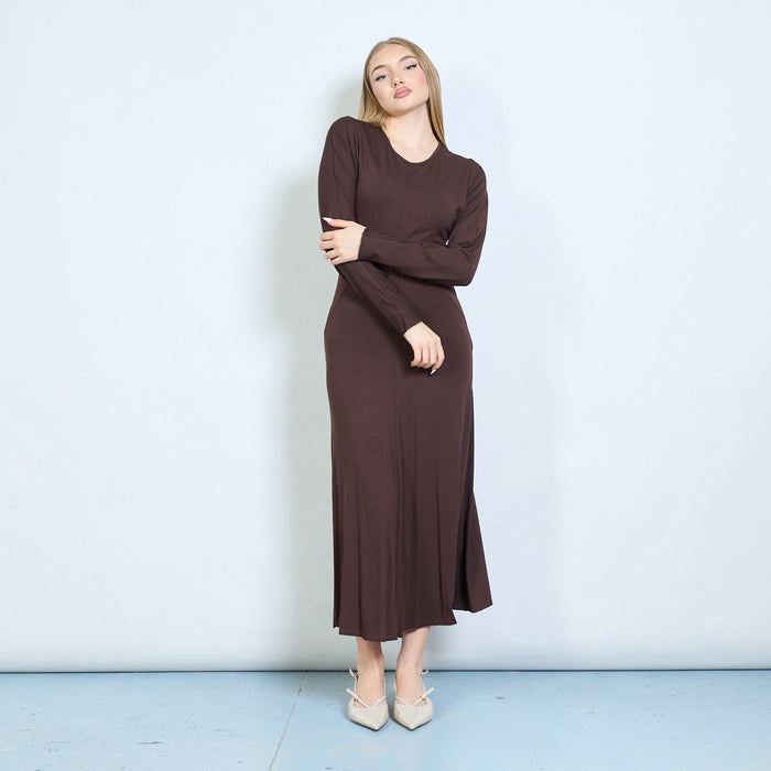 Pleated contour-seam fitted long dress wholesale