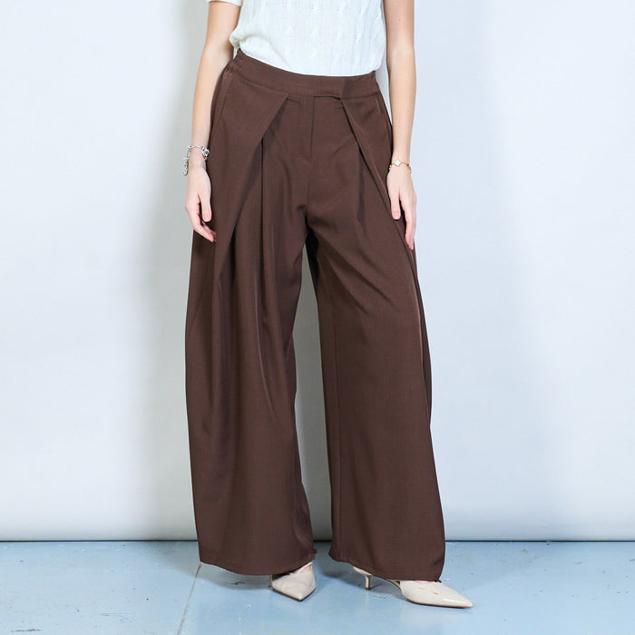 Pleated flowing wide leg trousers with elastic waist wholesale