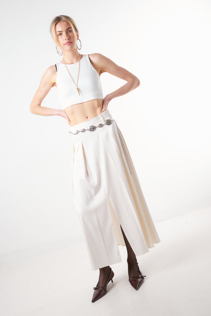 Pleated front long skirt with center slit wholesale
