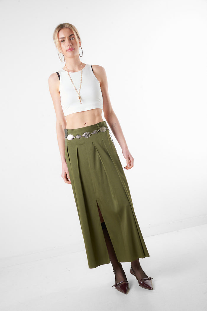 Pleated front long skirt with center slit wholesale