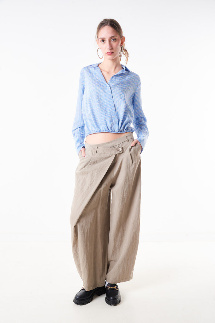 Pleated wide leg trouser with side button waistband detail wholesale