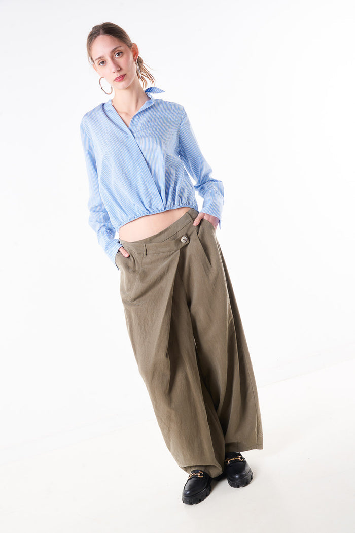 Pleated wide leg trouser with side button waistband detail wholesale