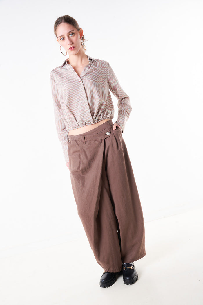 Pleated wide leg trouser with side button waistband detail wholesale